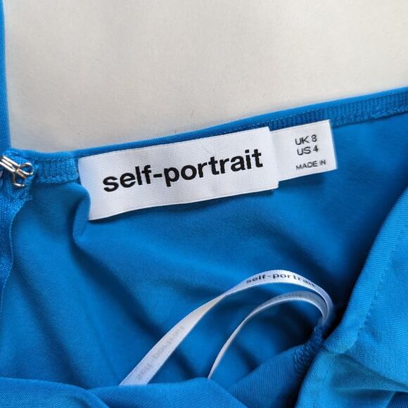 Self-Portrait Blue One Shoulder Ruched Mini Dress Long Sleeve Size 4 Preowned - Picture 6 of 10